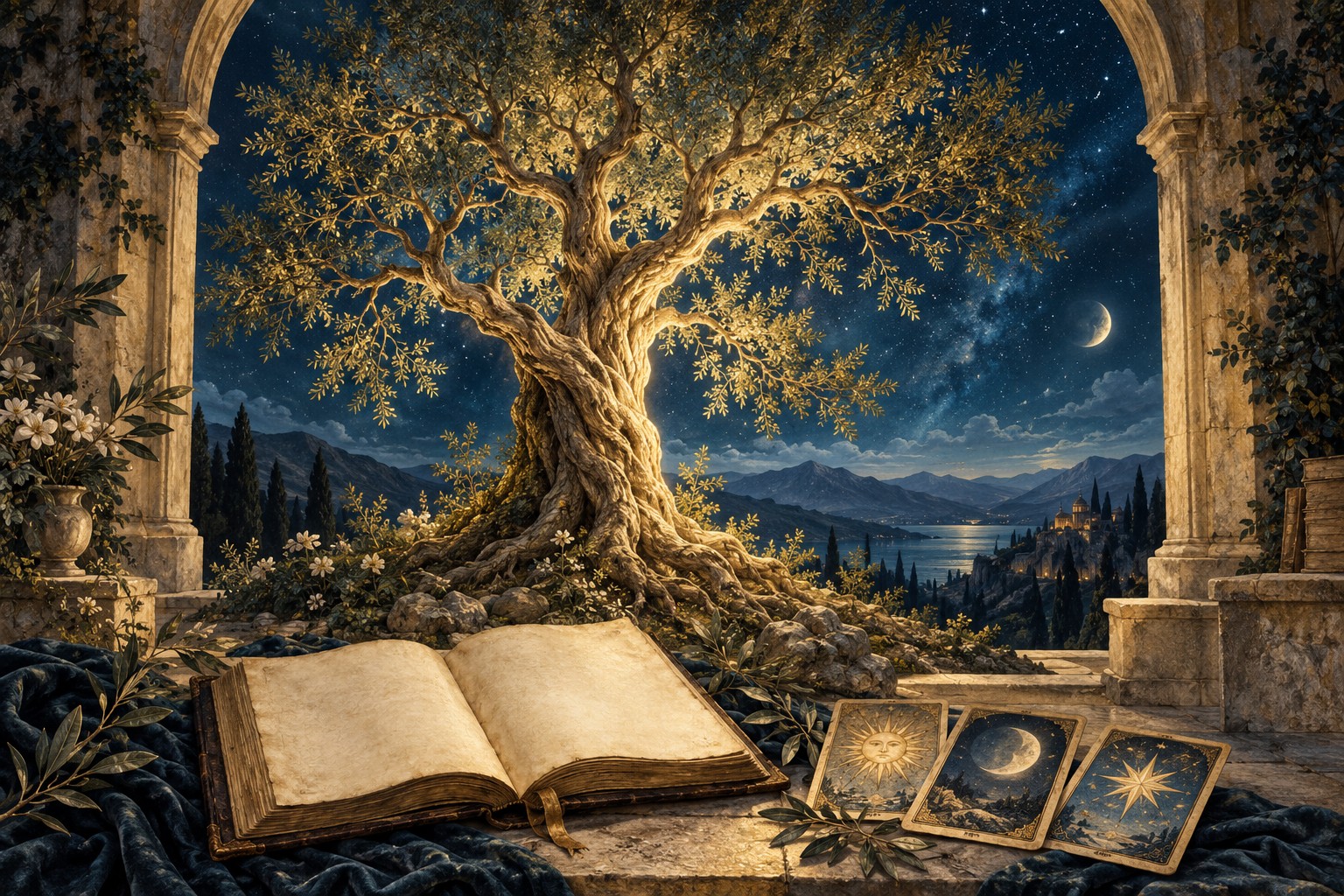 Открытая книга и карты у золотого дерева под ночным небом